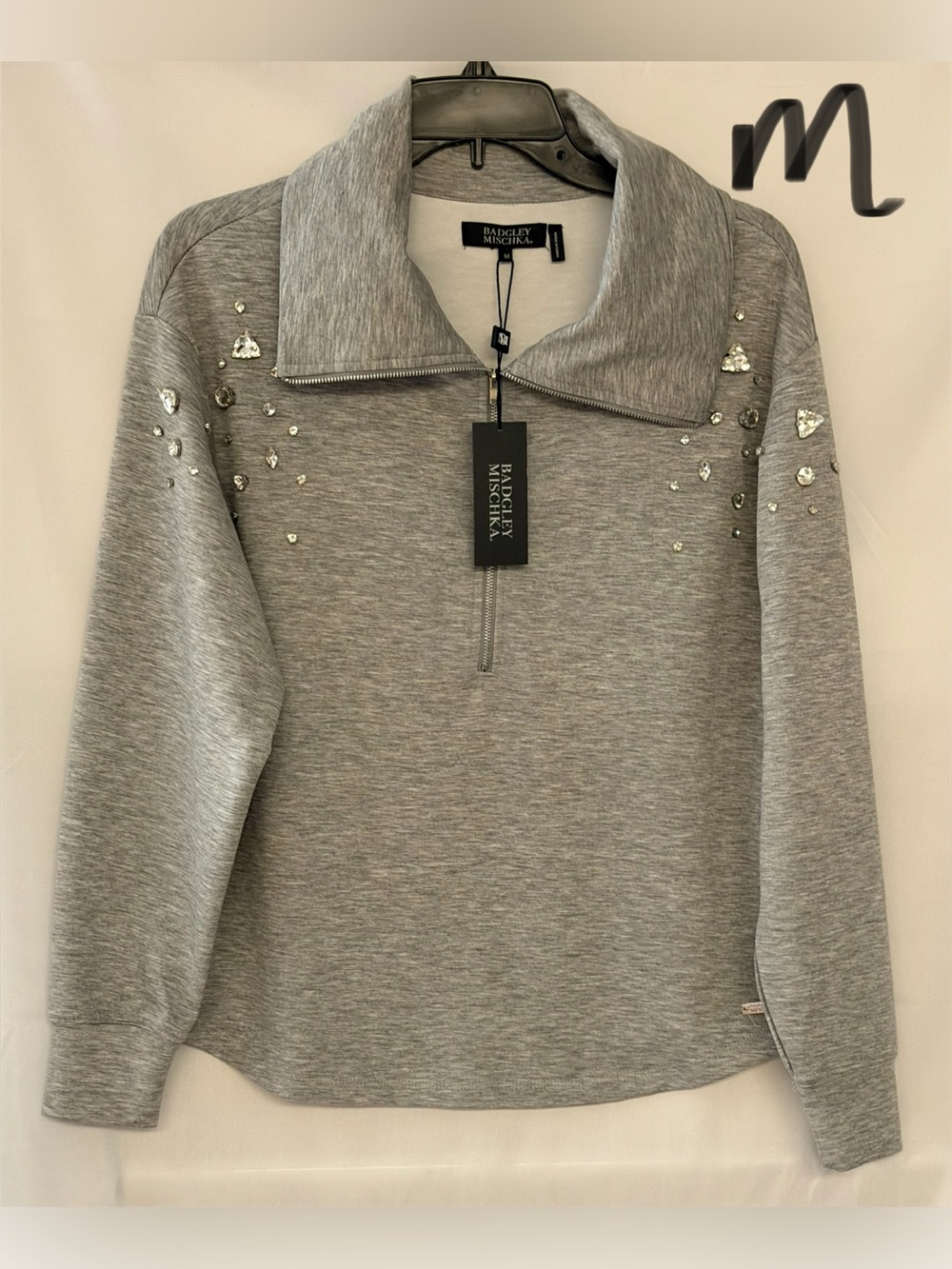 Badgley Mischka Gray Jeweled Half-Zip Pullover
